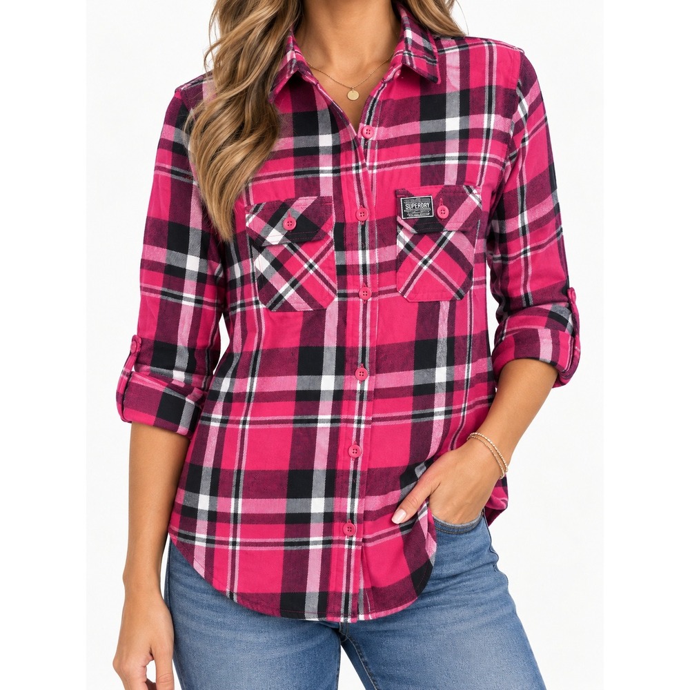 Superdry Pink Plaid Flannel Button Down Shirt Women's Medium Roll Tab Sleeve